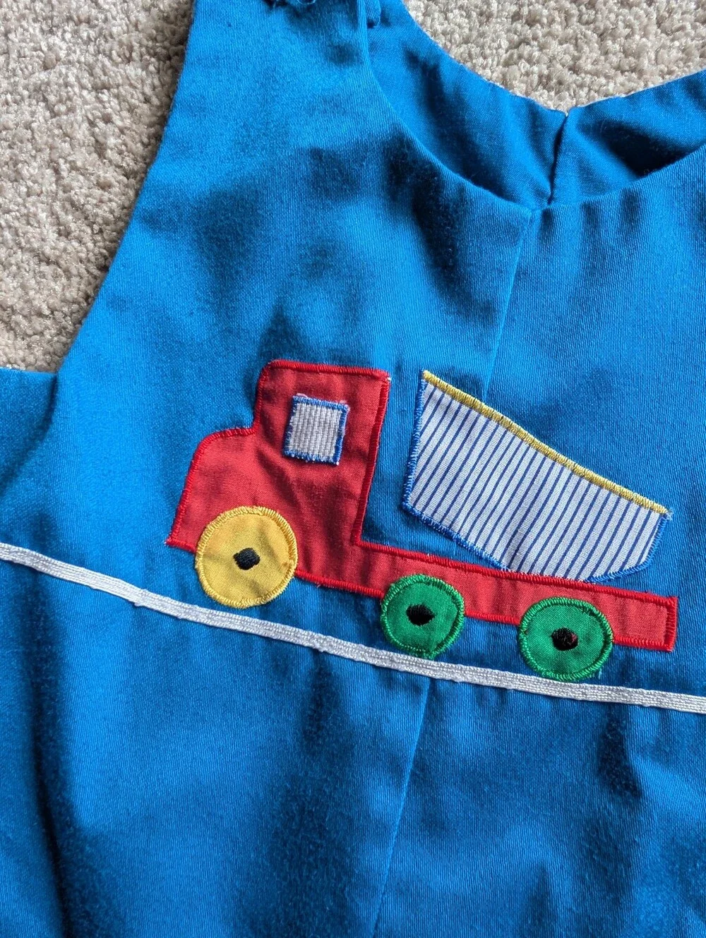 12 Month Blue Vintage Jon Jons Shortalls Set with Red Truck Appliqué Handmade